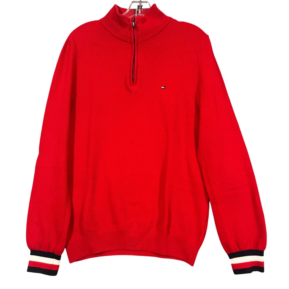 Tommy Hilfiger Mens Red Waffle Knit Quarter Zip Sweater Striped Cuffs Size M